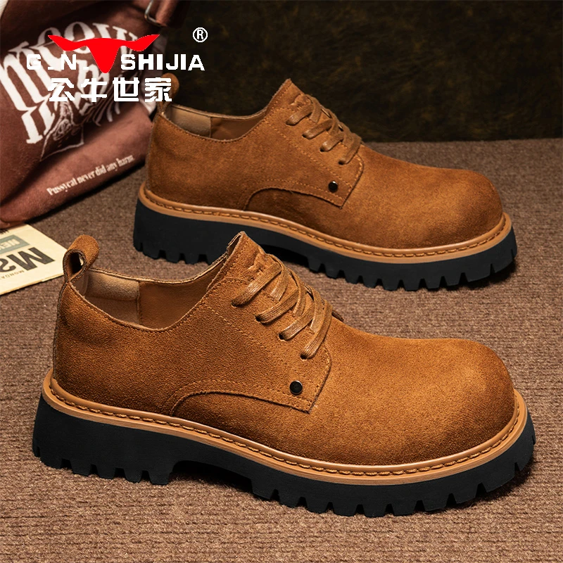 公牛世家男鞋秋冬大头英伦风工装低帮马丁靴男士厚底休闲德比鞋男