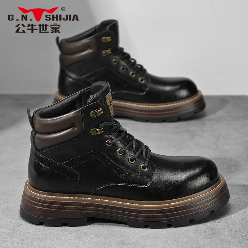 公牛世家马丁靴男款秋冬英伦风高帮皮靴厚底黑色工装靴子增高皮鞋