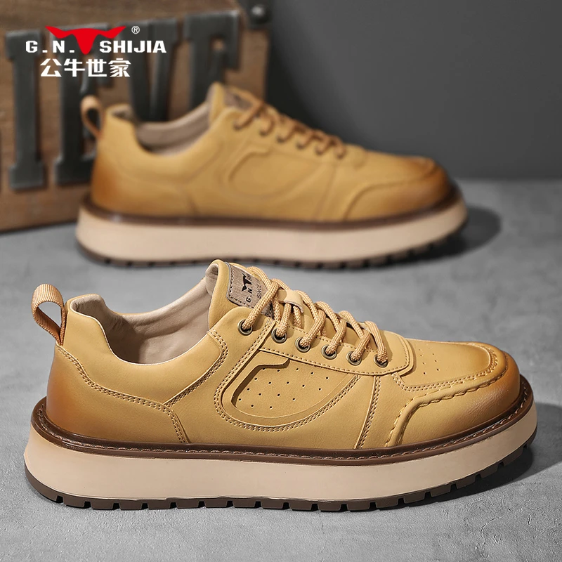 公牛世家男鞋春季复古厚底增高工装运动板鞋男士防滑增高休闲皮鞋
