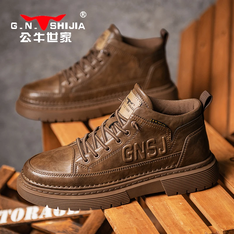 公牛世家高帮男鞋秋冬厚底防滑复古板鞋工装马丁靴子休闲皮鞋男士
