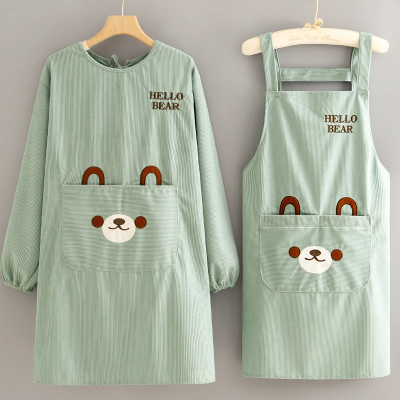 可爱卡通条绒长袖围裙家用厨房围腰做饭防污耐脏外穿罩衣女工作服