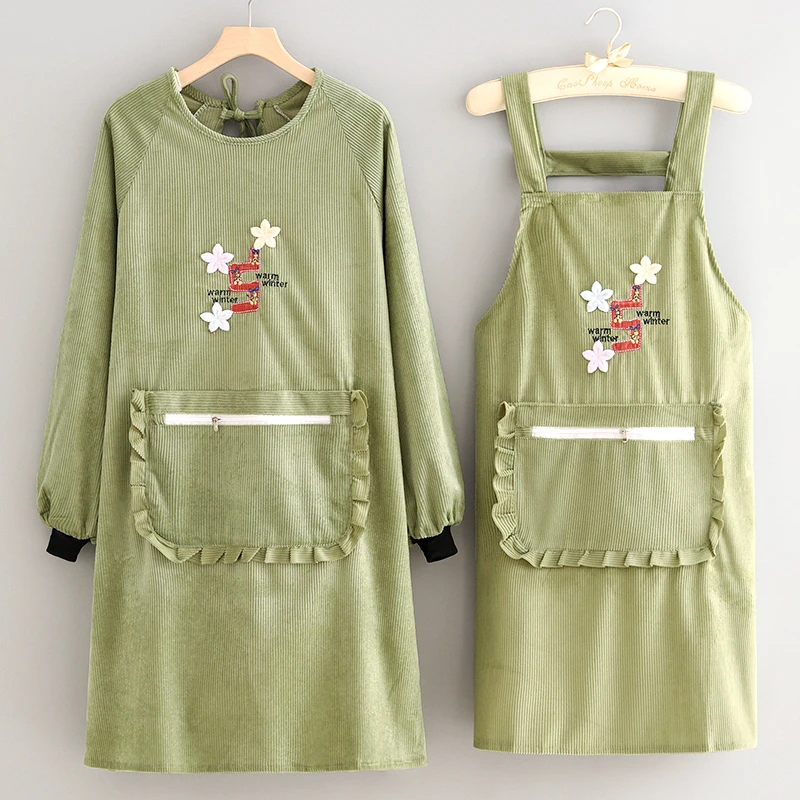 时尚长袖条绒围裙家用厨房防污耐磨小清新做饭围腰新款成人工作服