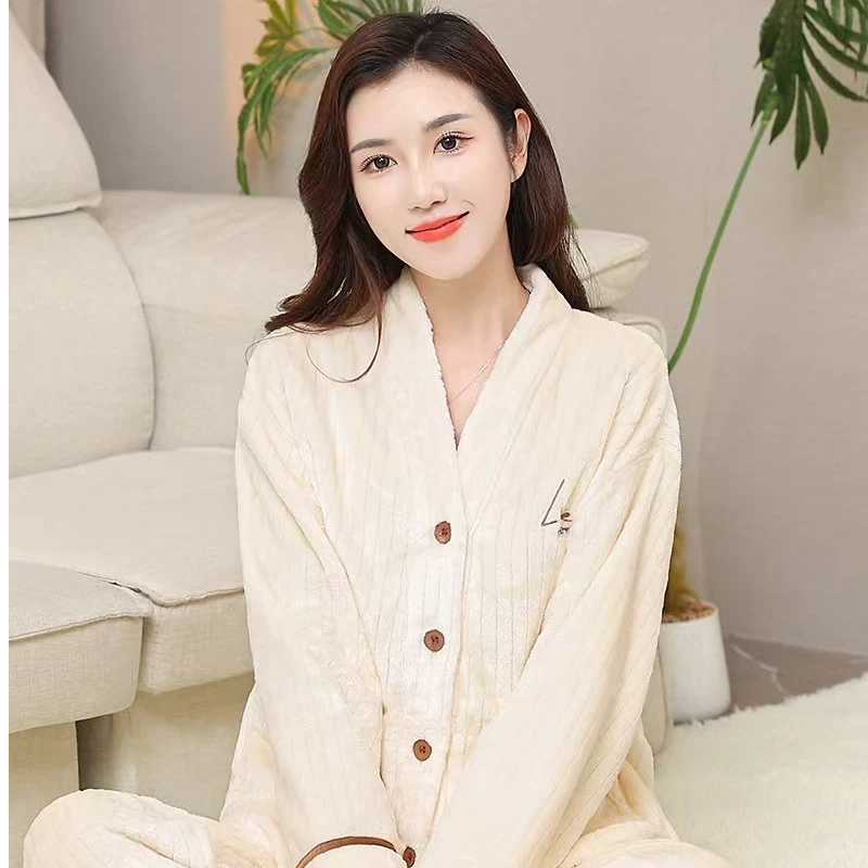 3117新款秋冬款家居服可外穿睡衣套装加绒加厚V领家居服保暖套装
