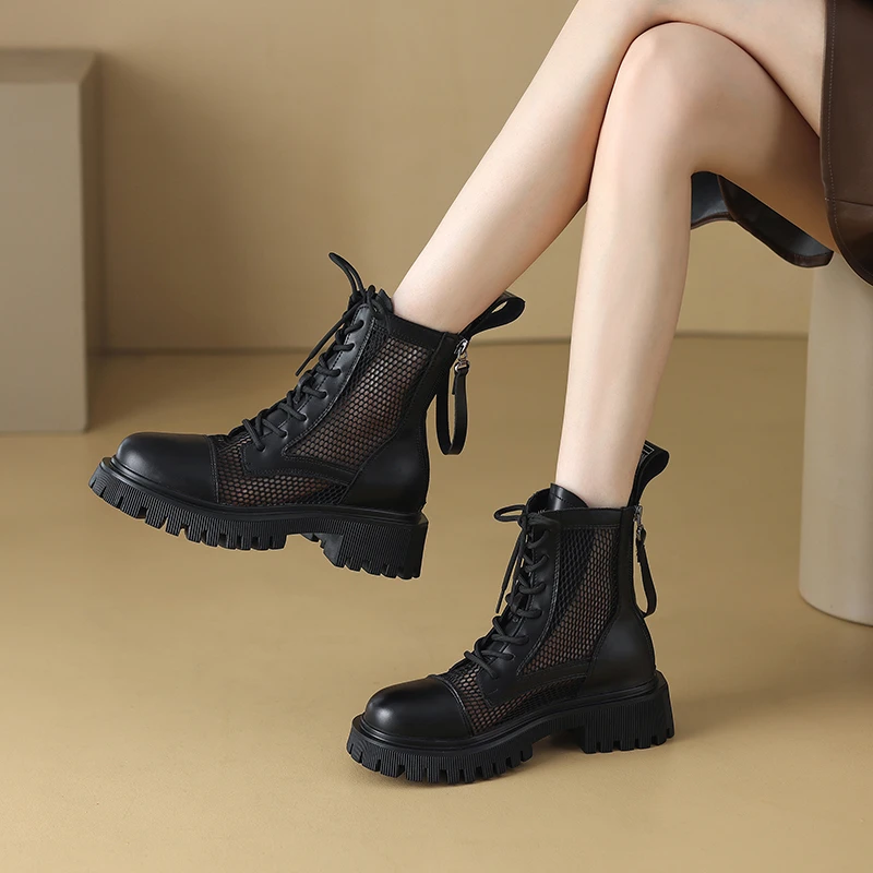 2025夏季新款百搭薄款网面系带马丁靴女网纱凉靴透气短筒平跟时尚