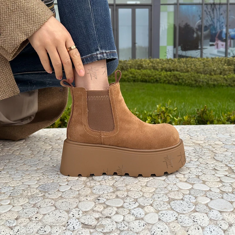 厚底加绒短靴女2024新款秋冬雪地靴小个子增高保暖马丁靴勃肯棉鞋