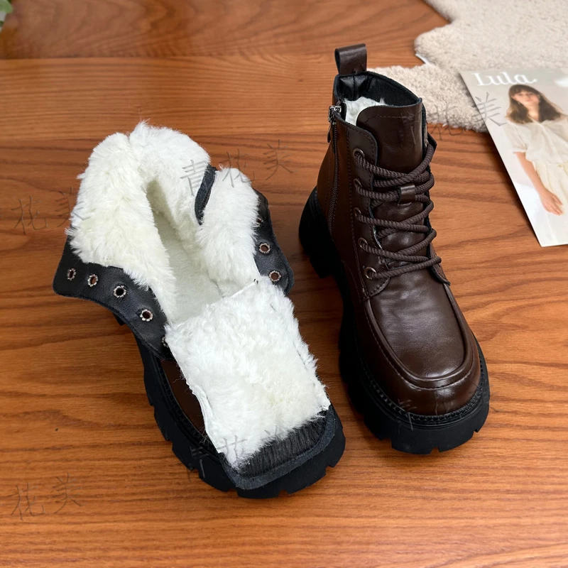 厚底新款圆头马丁靴女2025冬季秀气加绒短靴增高皮毛一体保暖棉鞋
