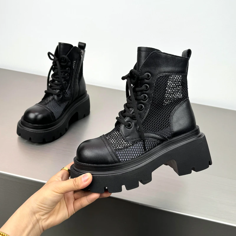 网面马丁短靴女2025夏季薄款透气镂空凉靴英伦厚底百搭高帮靴子