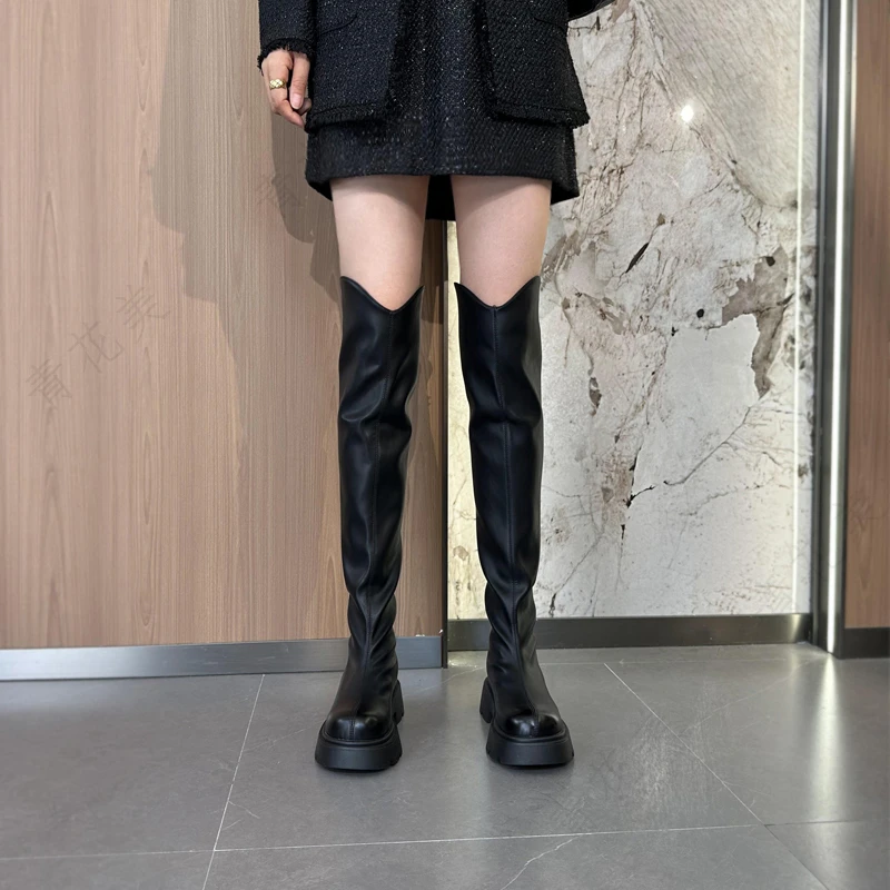 厚底小个子长筒靴女2025新款秋冬加绒V口显瘦过膝骑士靴长靴