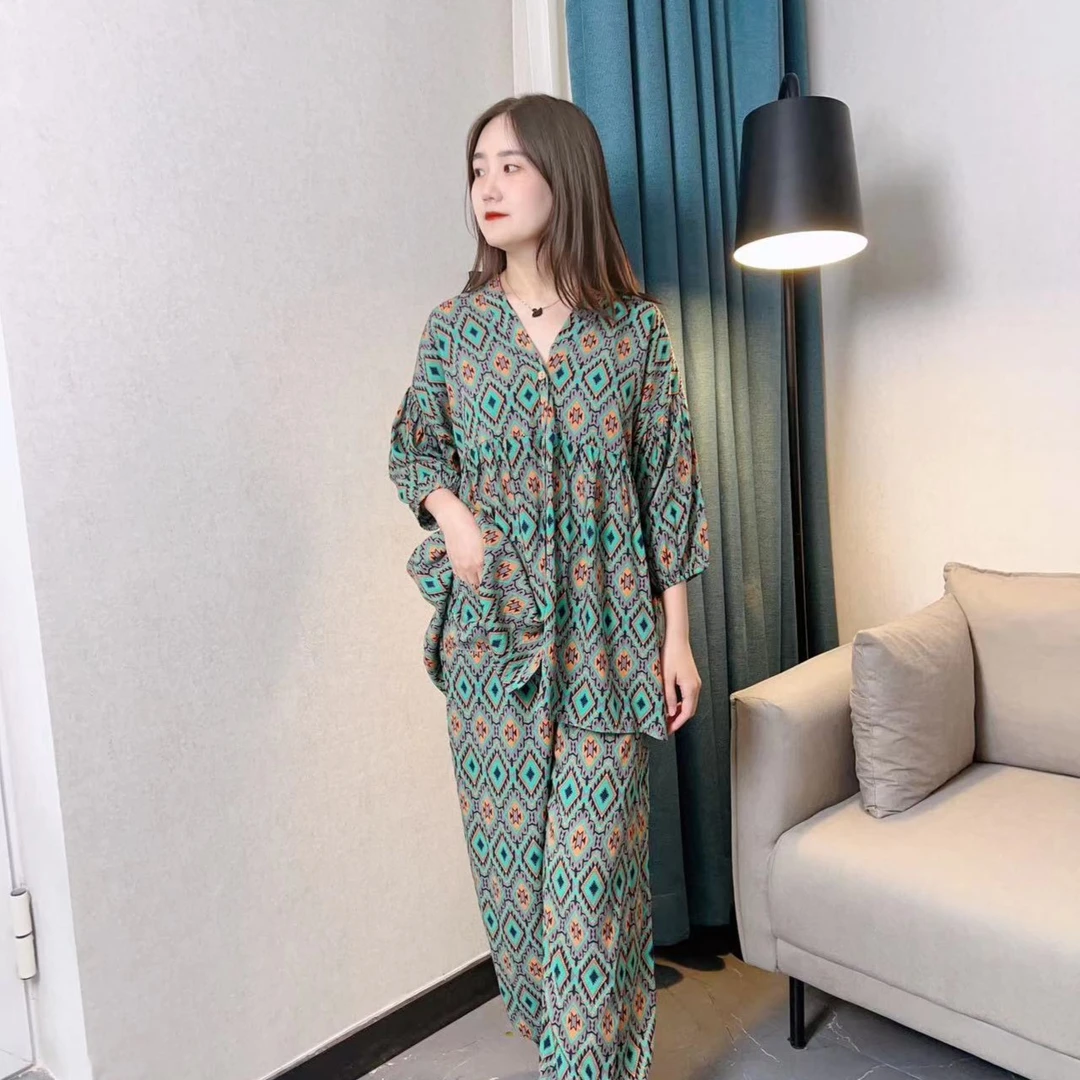绵绸套装新款灯笼袖长裤宽松大码时尚显瘦女款休闲套装洋气薄款