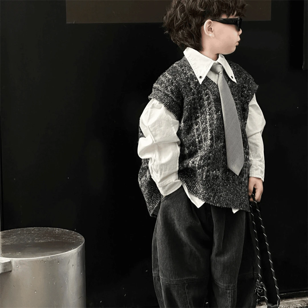 儿童毛衣马甲套装男童秋款新款韩版长袖衬衫百搭牛仔裤三件套FY