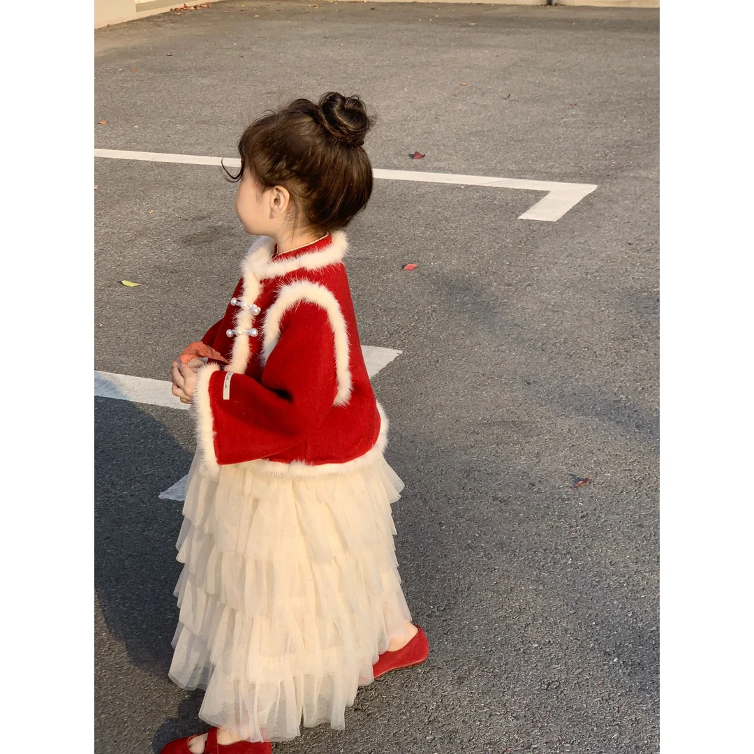 【金洋】韩版童装秋冬女童国风套装红色年服新中式盘扣半身裙-HY