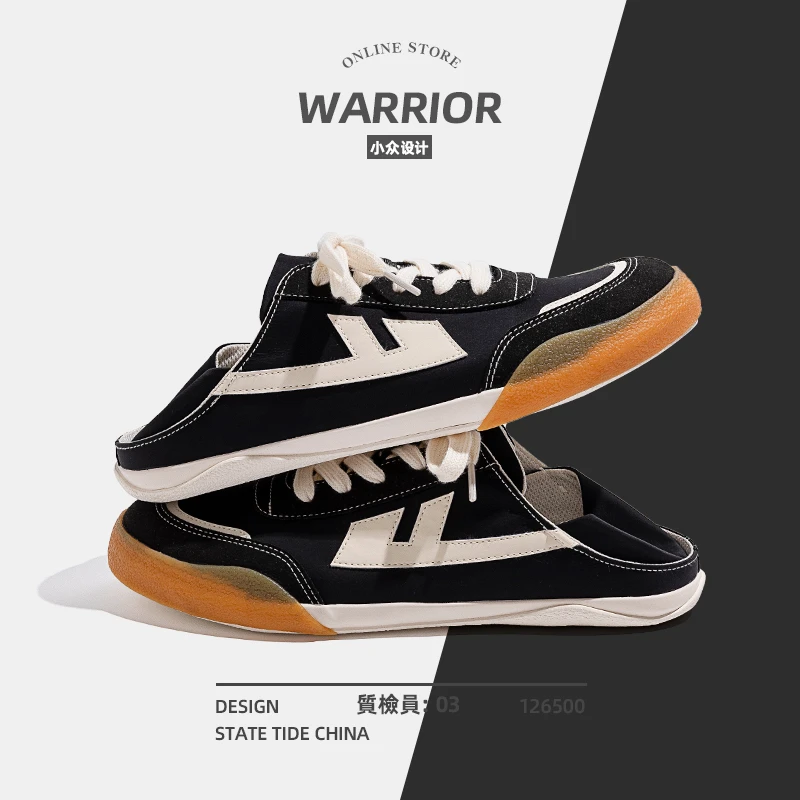 回力黑色帆布鞋男夏季2025新款懒人一脚蹬鞋子男款半拖运动德训鞋