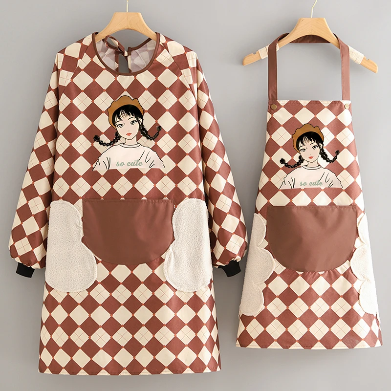 卡通新款防水长袖围裙时尚罩衣女家用厨房防油工作服餐饮专用护衣