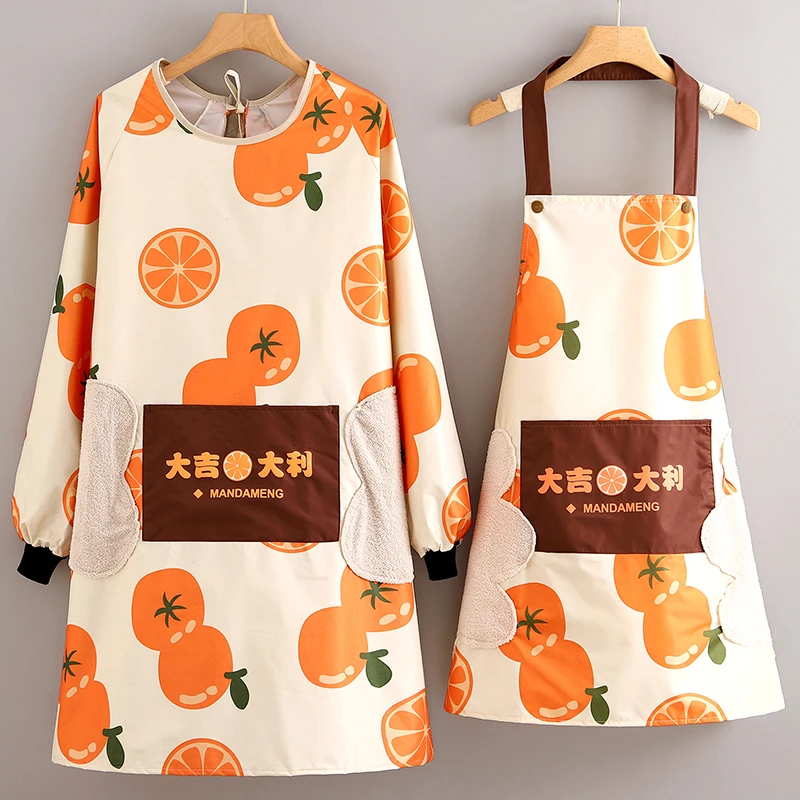 时尚洋气小清新大人长袖罩衣防水防油上班做饭家用厨房围裙围腰女