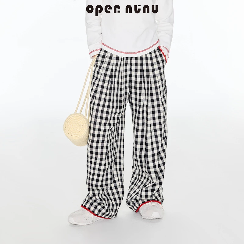Opennunu女童格子休闲裤秋季韩系松弛感慵懒风柔软松紧腰直筒裤
