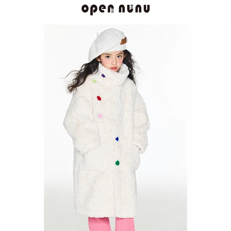 Opennunu女童时尚彩扣多巴胺环保毛绒外套保暖立领大衣儿童百搭