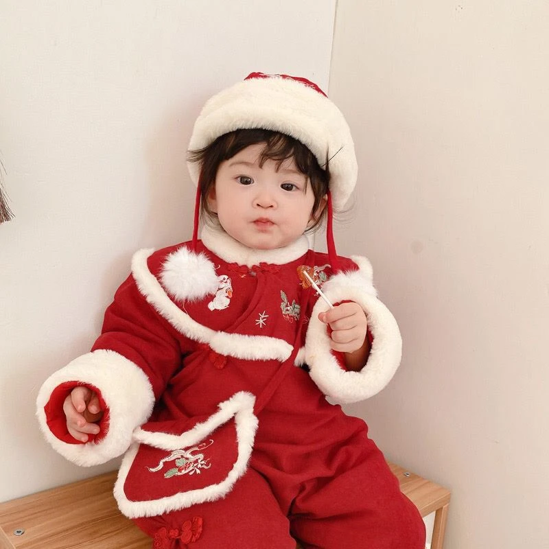 巴拉拉吧婴儿拜年服喜庆冬装兔年周岁百天宝宝加厚棉衣连体哈衣中