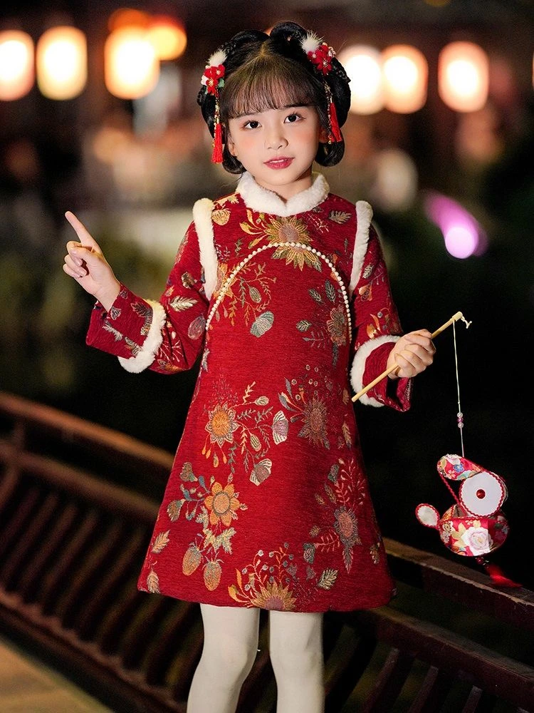 巴拉拉吧新拜年服女童汉服宝宝过年服儿童喜庆红色新年装中国风旗