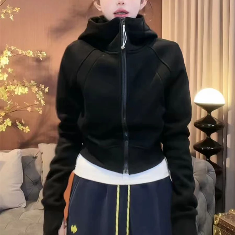 美式复古短款连帽卫衣女秋冬新款加绒加厚小个子时尚洋气外套上衣