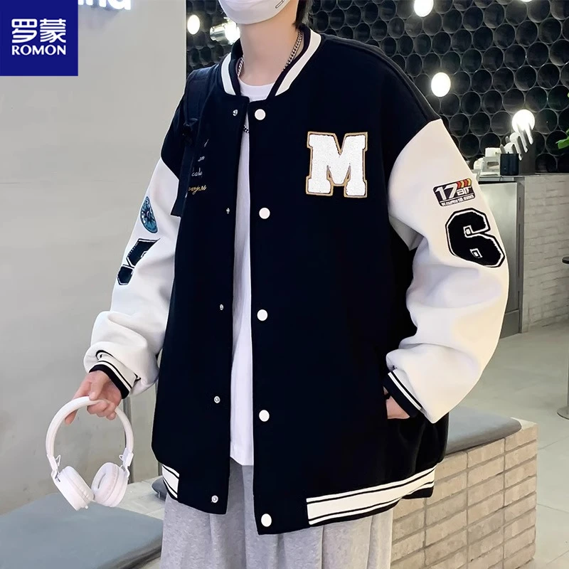 Romon/罗蒙棒球服夹克户外男时尚秋冬季潮流美式加绒宽松休闲外套