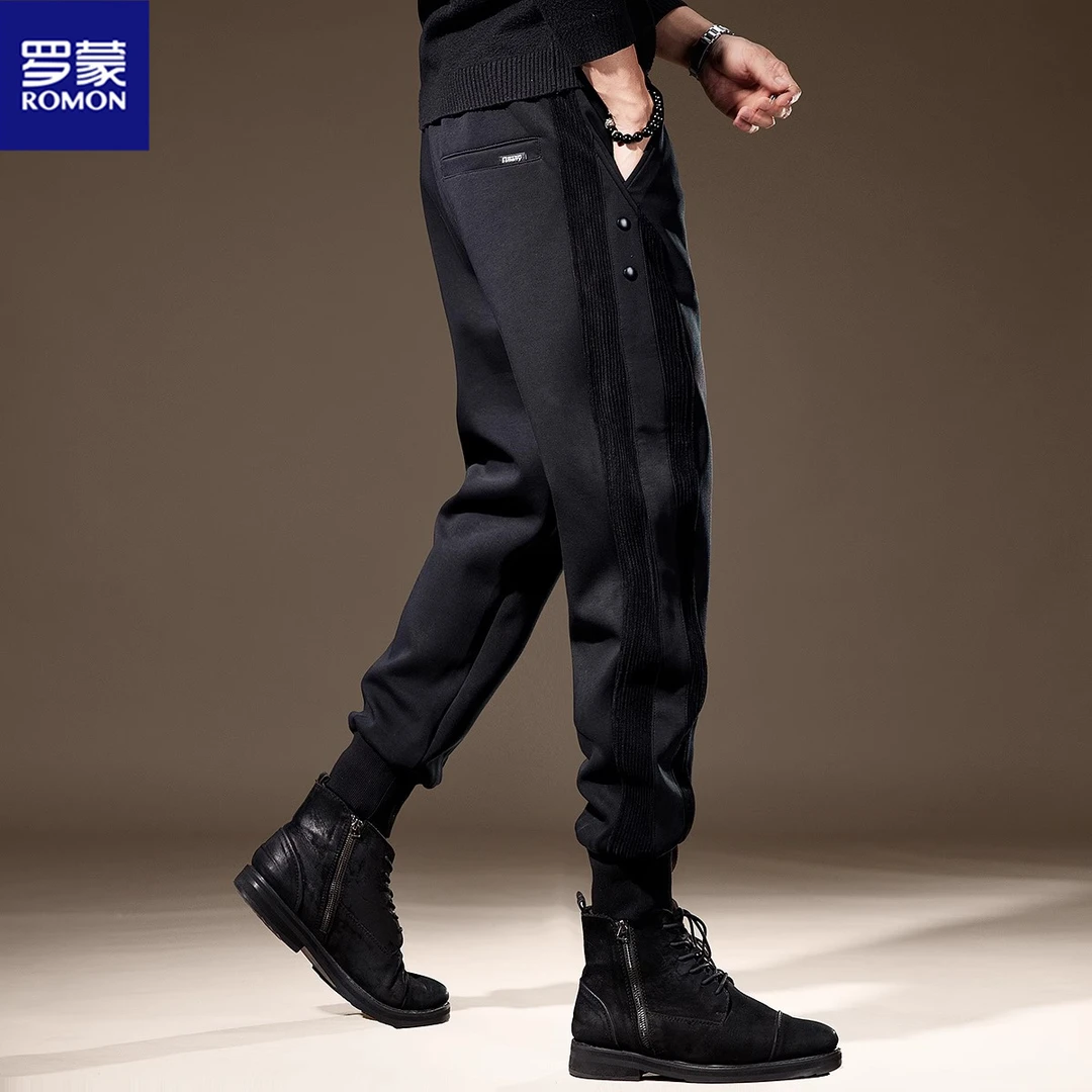 Romon/罗蒙秋季新款男士休闲裤美式运动宽松潮流束脚拼接长裤子