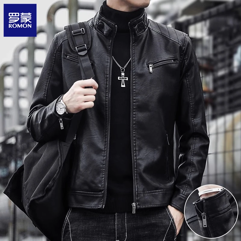 Romon/罗蒙立领皮衣男士秋季新款潮流上衣服加绒加厚痞帅工装外套