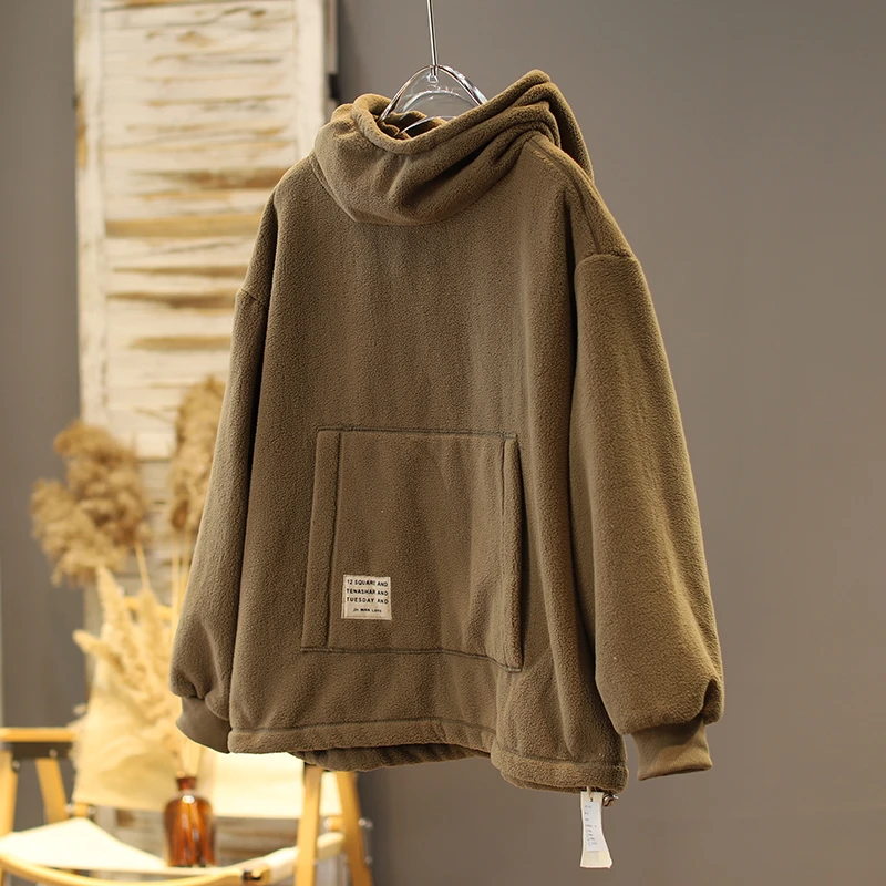 2025年冬款经典简约净版连帽棉料女袋鼠兜减龄麻味休闲宽松卫衣