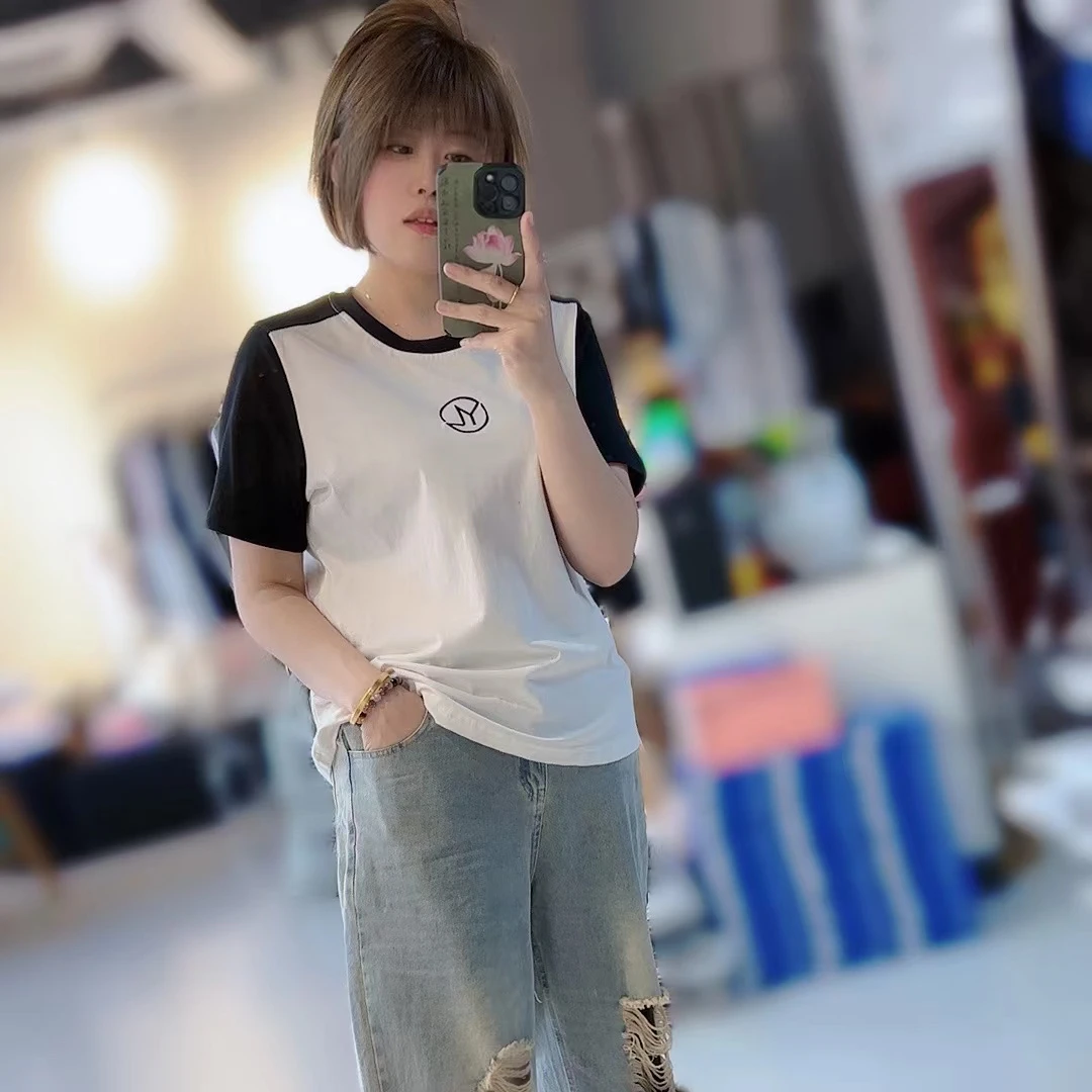 娜娜家 2023新款拼接撞色圆领宽松显瘦休闲短袖T恤9988