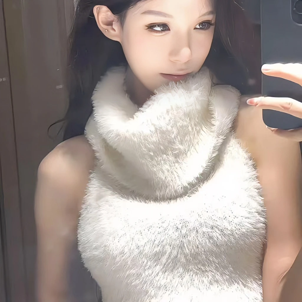 白色仿貂绒短款修身削肩无袖高领背心女高级气质辣妹保暖秋冬上衣