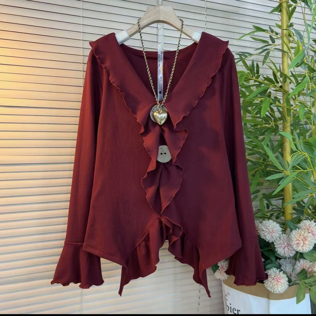 胖妹妹大码女装欧韩新款时尚洋气百搭纯色荷叶边不规则显瘦上衣女