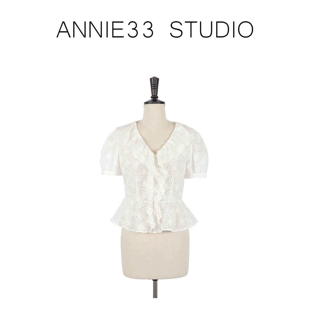 ^3宝^【白日花影 上衣】气质白色夏季法式小香风上衣s30183