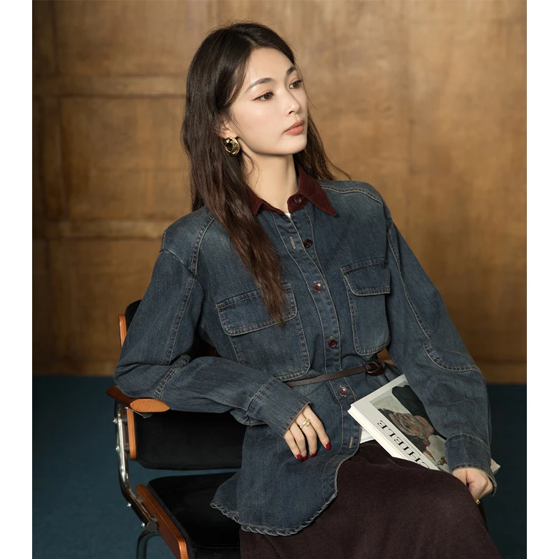 烈儿LRKS「安可拉牛仔」新疆长绒棉复古拼接红丝绒牛仔外套CSV777