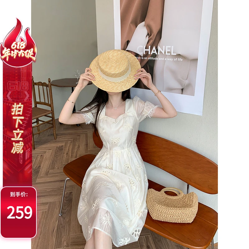 烈儿LRKS【丽江印象】莱赛尔天丝镂空花朵方领连衣裙K32LYG166