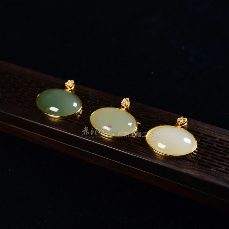 和田玉蛋面吊坠银镀金镶嵌古风时尚百搭挂件女士气质项链精致礼品