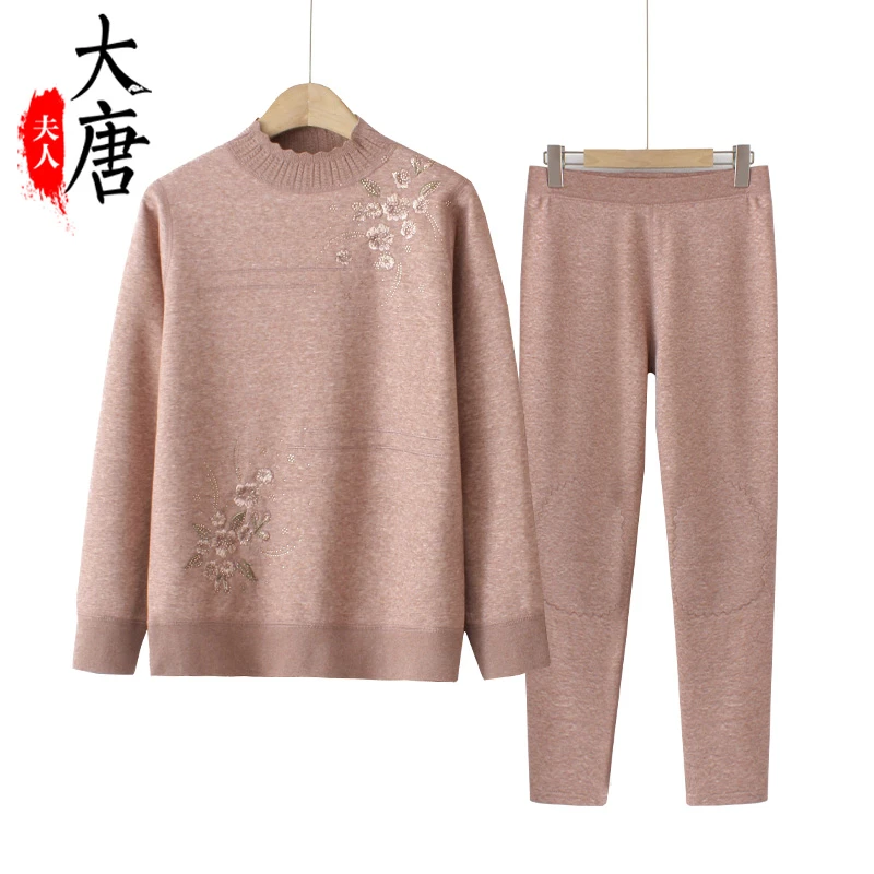 中老年人保暖内衣套装女奶奶冬季毛衣加绒妈妈打底衫高领老人宽松