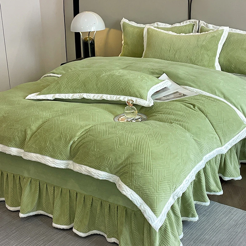 9斤加厚保暖欧式烂花牛奶绒床裙款四件套双面绒