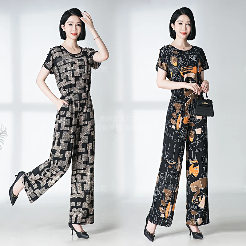 冰氧丝套装夏季洋气休闲印花时尚百搭减龄高腰显瘦宽松修身短袖