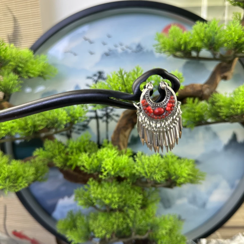 X198双面红月牙旗袍头饰发饰古风手工气质黑色国风简约手工木发簪