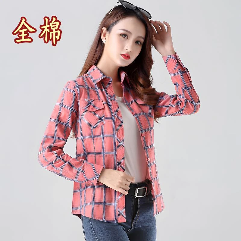 春秋新款全棉格子衬衫女薄款休闲外套大码女装长袖衬衣显瘦上衣薄