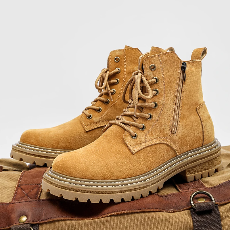 新款马丁靴男英伦风中帮真皮秋季复古真皮工装靴高帮男士休闲靴子