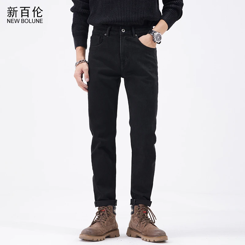 新百伦男士黑色修身小脚牛仔裤2024春秋新款百搭休闲弹力潮流长裤