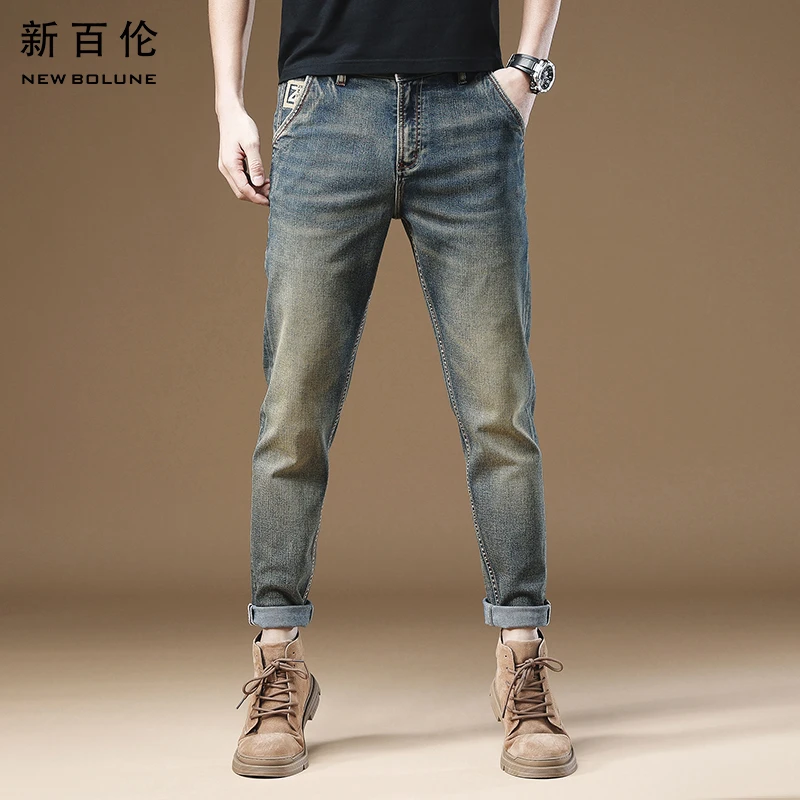 新百伦男士怀旧牛仔裤2024新款百搭修身休闲直筒轻奢男款长裤潮流