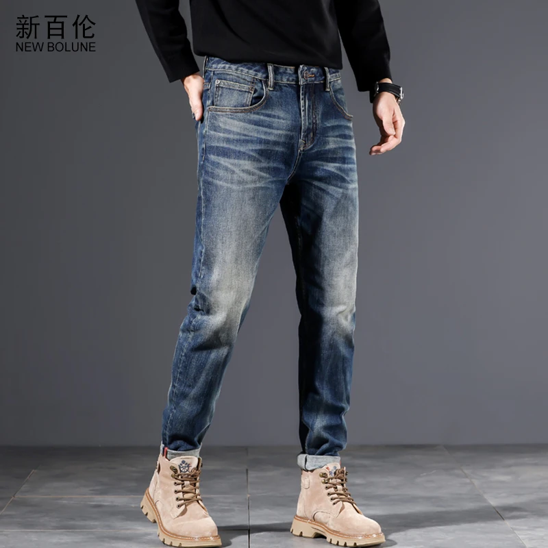 NEW BOLUNE/新百伦2025新款夏季牛仔裤男复古小脚修身小直筒长裤