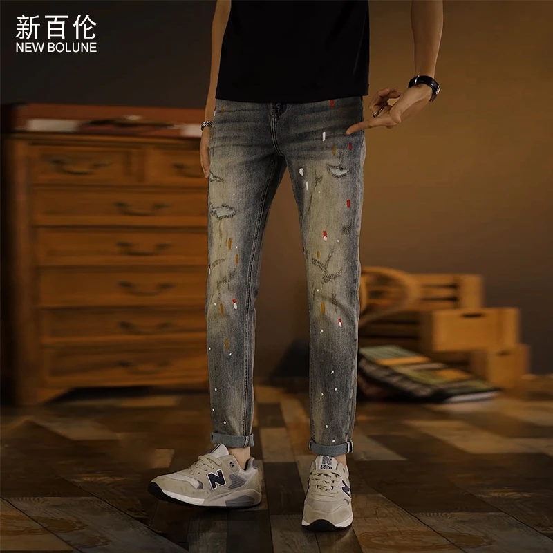 NEW BOLUNE/新百伦破洞弹力修身小脚牛仔裤男士潮春秋2023年新款