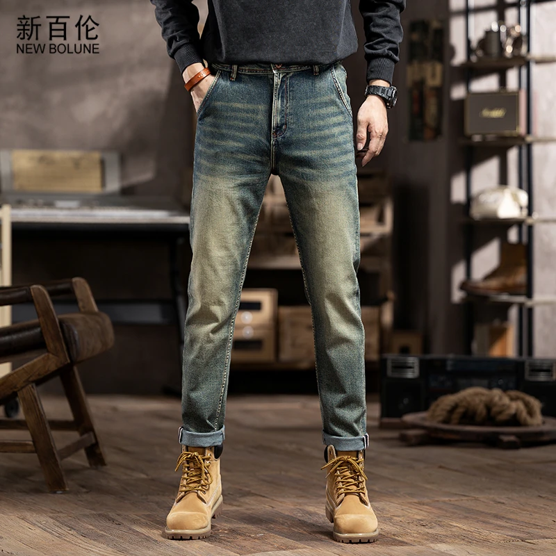新百伦春秋新款怀旧色牛仔裤男2024新款百搭修身小脚小直筒长裤潮