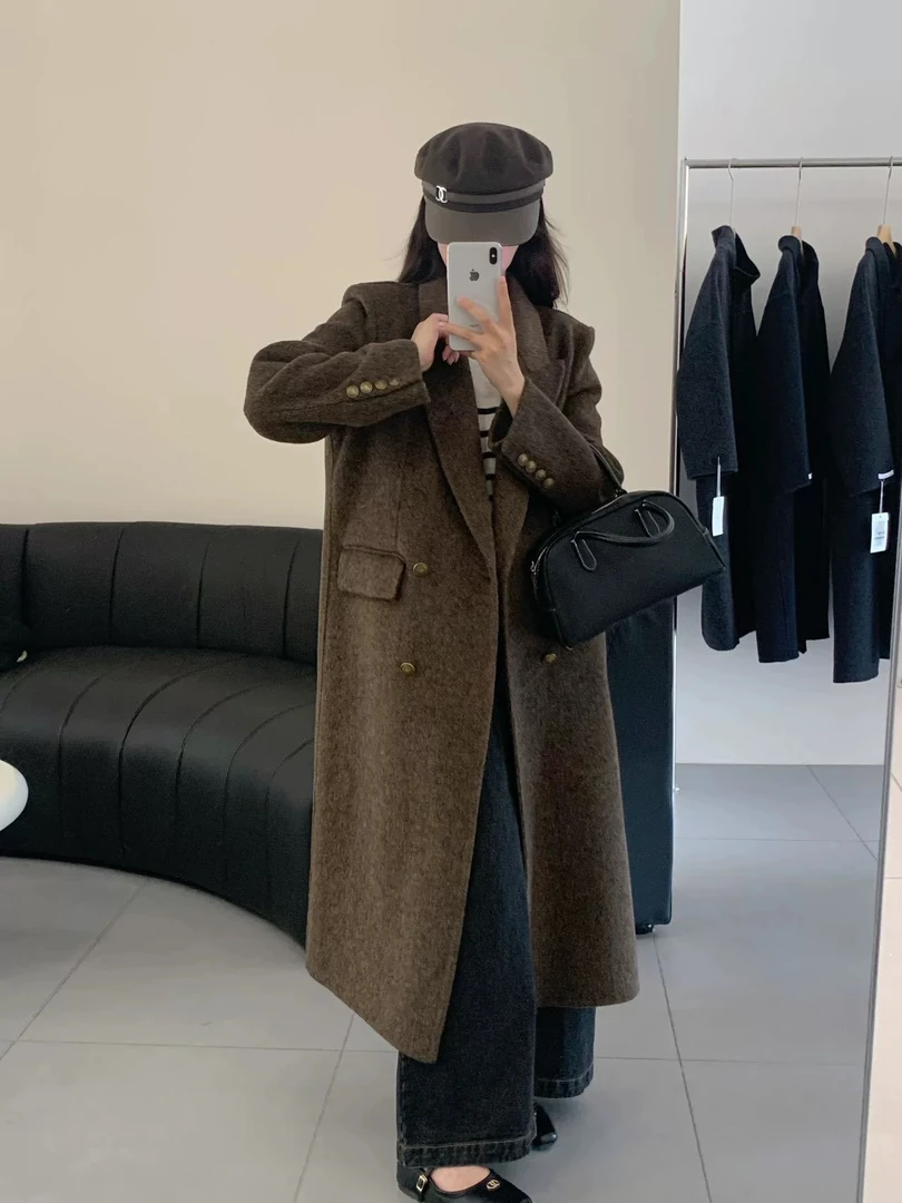 高级感人字纹双面呢羊毛大衣女2024秋冬韩系中长款正肩西装领外套