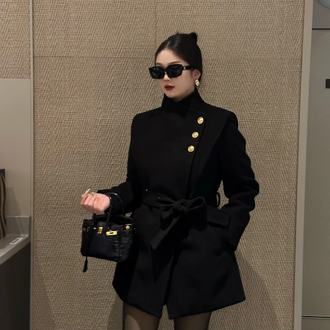 黑色90白鸭绒大衣毛呢外套冬新款高级感小个子外套女B