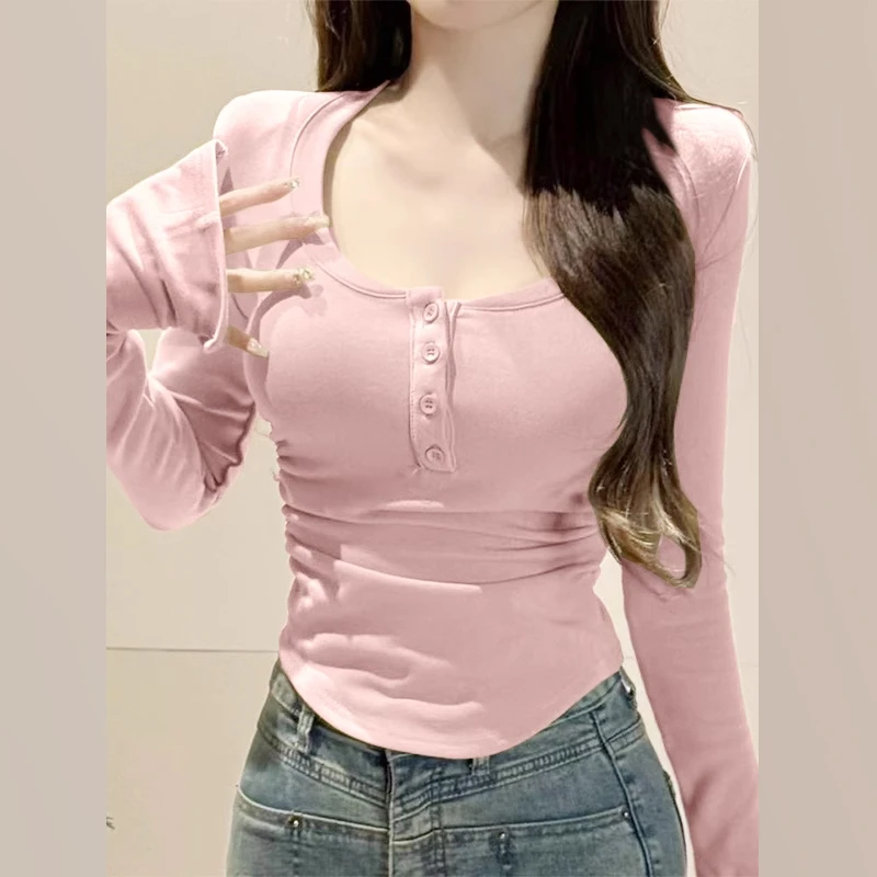 紧身长袖t恤女秋冬季2025新款茶艺风纯欲内搭打底衫粉色chic上衣