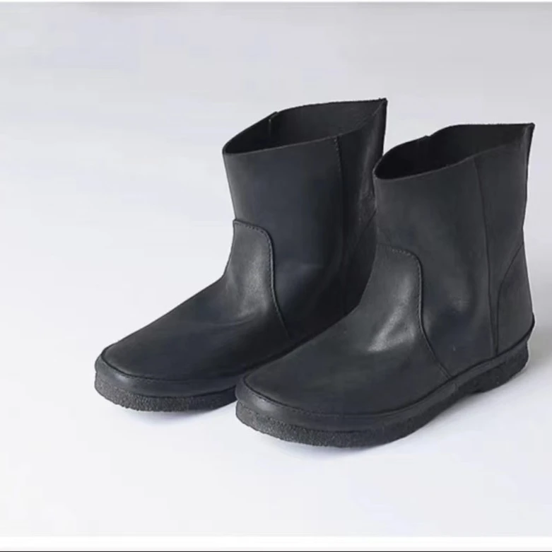 左岸迷香复古秋冬冬季加绒休闲油皮短靴圆头牛皮鞋子棕色/黑色