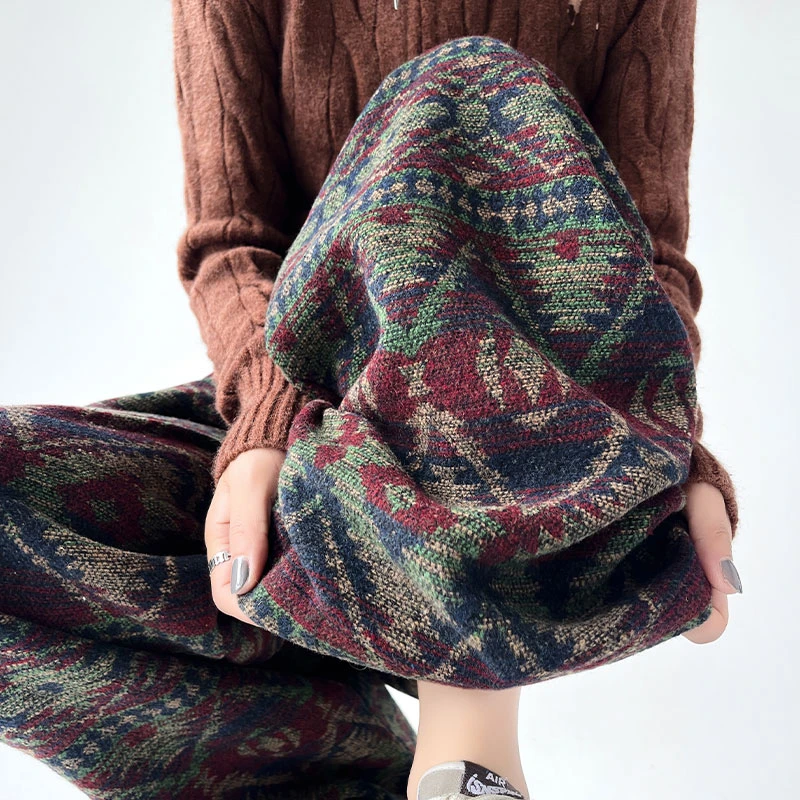 民族风菱形格子裤子女春秋款藏式中国风毛呢阔腿裤针织提花脏脏裤